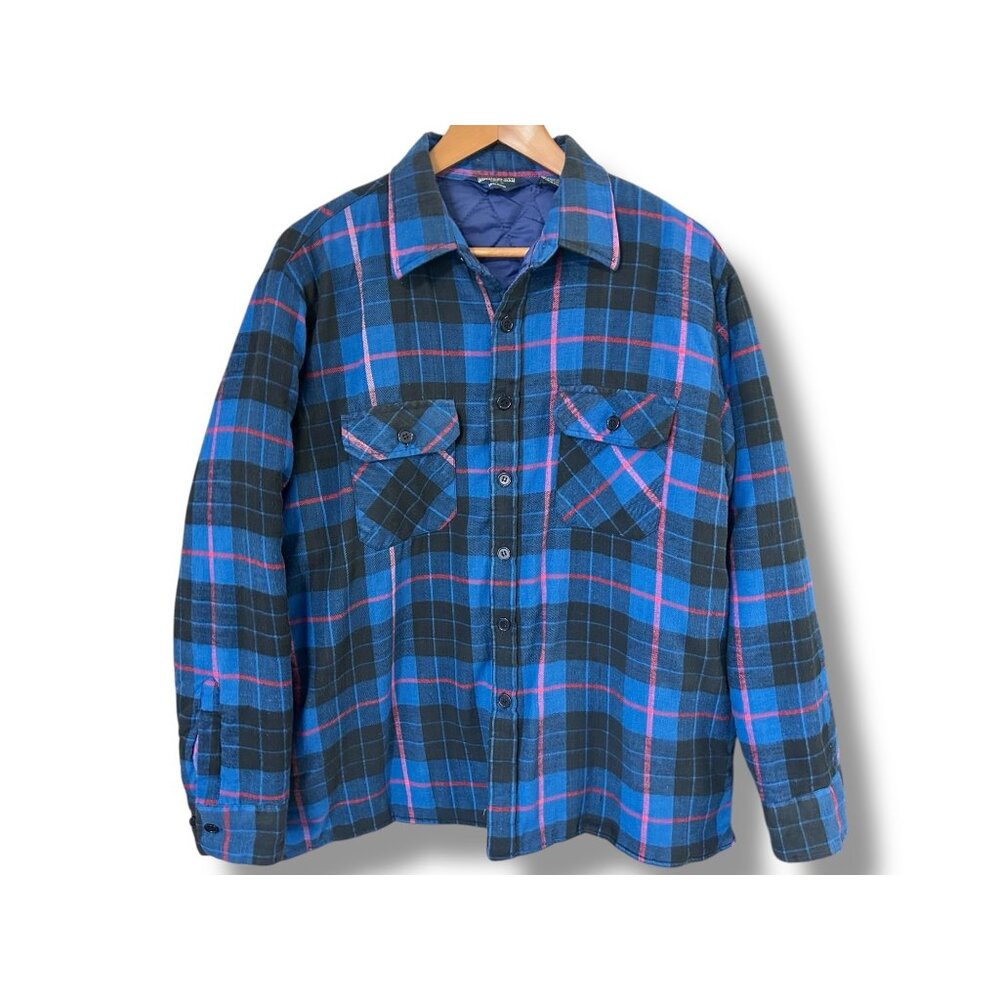Men’s Quilted Blue Plaid Flannel Button Shacket Vintage Thermal